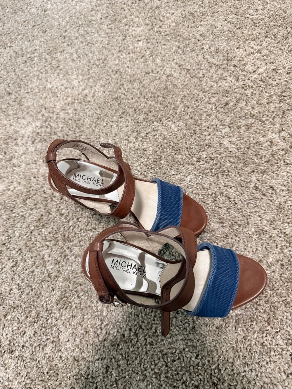 Michael Kors Brown Leather Sandal with Navy Front Band